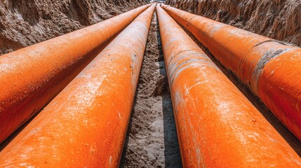 Bright orange pipes are positioned in a trench filled with sand at a construction site. The clear blue sky is visible above, showing a sunny day perfect for outdoor work