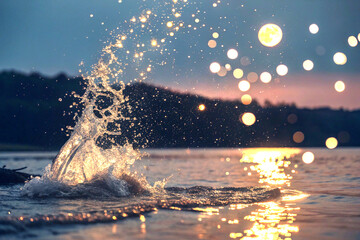 Magical water splash with golden bokeh lights