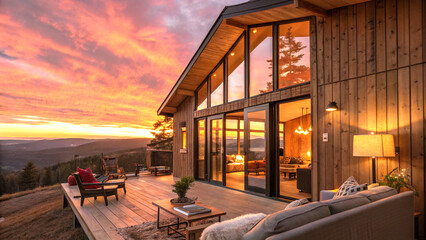 Sunset view from cozy modern cabin
