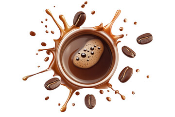 A dynamic splash of rich coffee with coffee beans surrounding a central cup. set against a clean white backdrop. ideal for food and beverage marketing or culinary presentations