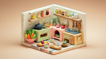 Miniature kitchen diorama with pastel colors and clay-like texture.