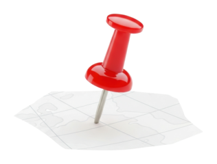 Pinpointing locations red push pin on map paper office isolated on transparent background