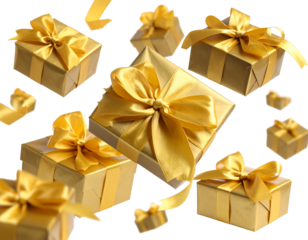 golden gift box with ribbon, xmas gifts flying on air isolated on transparent background