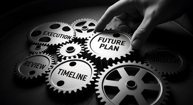 Conceptual Business Strategy with Gears Showing Future Plan Execution Review and Timeline in Black and White