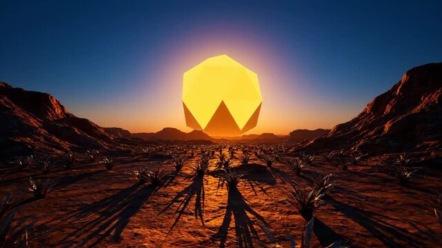 Surreal desert landscape featuring a glowing golden geometric sun hovering above rows of futuristic succulent plants casting long shadows under a vibrant orange and blue sky