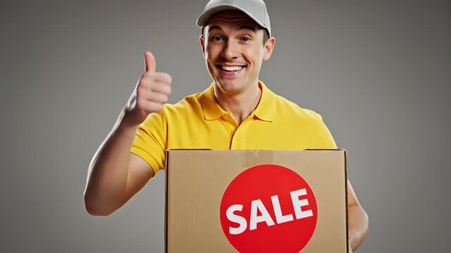Happy Delivery Man with Sale Package - A smiling delivery man wearing a yellow shirt and grey cap holds a cardboard box with a red "SALE" sticker.