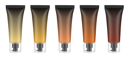 Set of cosmetic tubes with pump and transparent cap. Yellow, gold, beige, bronze and brown bottles.. Gel, serum or foundation. Korean packaging. Gradient shades