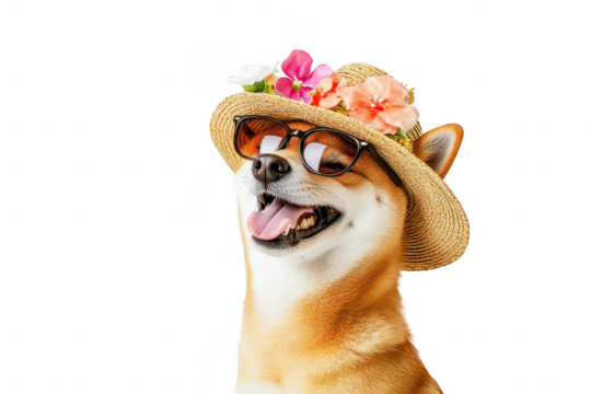 A cheerful Shiba Inu wearing a stylish straw hat adorned with colorful flowers and trendy sunglasses. posing against a clean white background. radiating joy and summer vibes
