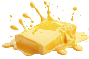 A block of melting yellow butter splashes onto a pristine white surface. capturing the essence of culinary indulgence. perfect for food-related content or cooking blogs