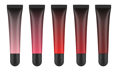 Set of lip gloss tubed. Lip, eye cream, serum. Cosmetic product container mockup. Gradient pink, red, marsala and brown bottles with black round cap