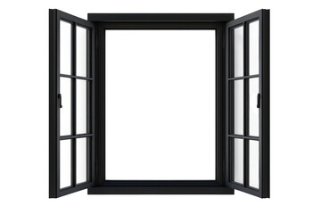 A modern black-framed window with open double doors. a bright. empty space beyond. ideal for interior design concepts and architectural visualization