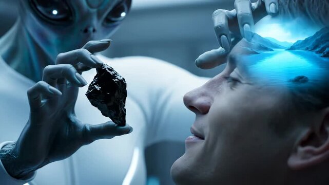 Alien holding a mysterious meteorite while interacting with a human subject, possibly conducting an experiment or first contact with telepathy in a sci-fi abducting scenario