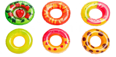 A display of colorful inflatable pool rings featuring fruit designs. arranged in a neat row against a clean white background. ideal for summer fun and poolside activities