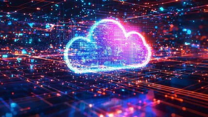 A glowing cloud computing icon floats amidst dynamic data streams with bright lights in an abstract digital environment - Powered by Adobe