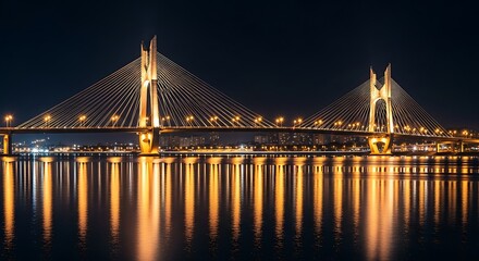 Illuminated Bridge at Night - A Stunning Reflection on Water.