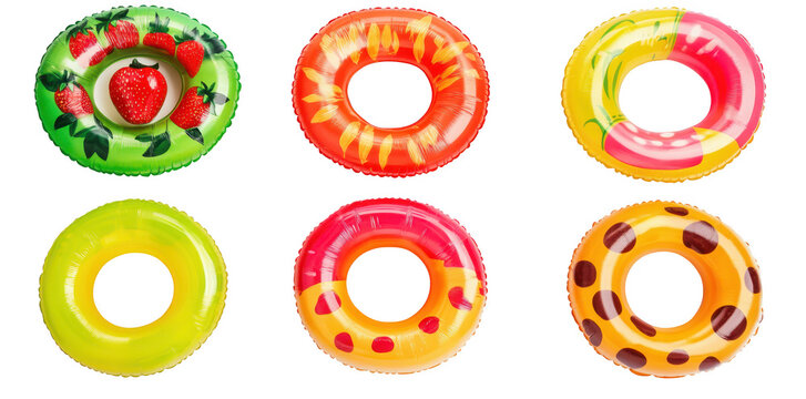 A display of colorful inflatable pool rings featuring fruit designs. arranged in a neat row against a clean white background. ideal for summer fun and poolside activities