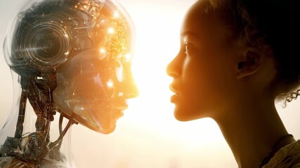A woman and a robot face each other in a bright scene, showcasing a blend of technology and humanity at sunset