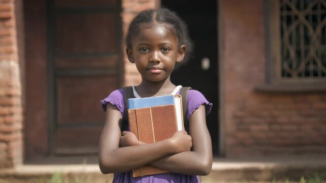 African school girl holding books in front of the school.