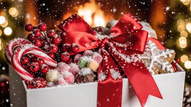 Festive Christmas Gift Box with Treats and Decoration - A white gift box overflows with holiday treats, including candy canes, sugared fruit jellies, red berries, and gingerbread cookies, adorned