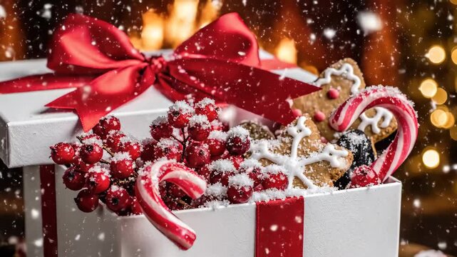 Christmas Gift Box by the Fire - An opened white Christmas gift box with a red ribbon and bow overflows with candy canes, gingerbread cookies, red berries, and artificial snow.