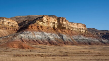 Majestic rock formations display vibrant colors across the layers in a dry desert landscape. The clear blue sky highlights the beauty of the natural scenery during the day