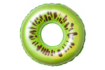 A green inflatable pool float designed to resemble a kiwi fruit. perfect for summer fun at the beach or poolside. surrounded by a bright. sunny atmosphere with clear blue skies