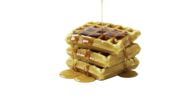 Stack of Waffles with Maple Syrup Dripping on Golden Background