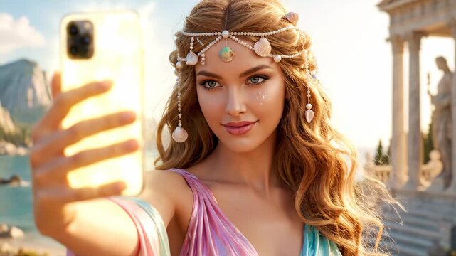 Greek goddess aphrodite is taking a modern selfie with a smartphone, blending ancient mythology with contemporary technology against a serene mediterranean coastal landscape with classical ruins