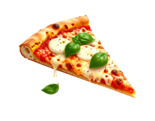 A single slice of pizza, featuring melted cheese, basil, and a vibrant red sauce