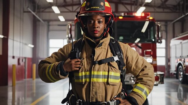 Confident Female Firefighter Portrait - A confident black woman stands in a fire station, wearing a full firefighter uniform and helmet. Fire trucks are visible in the background inside of the garage.