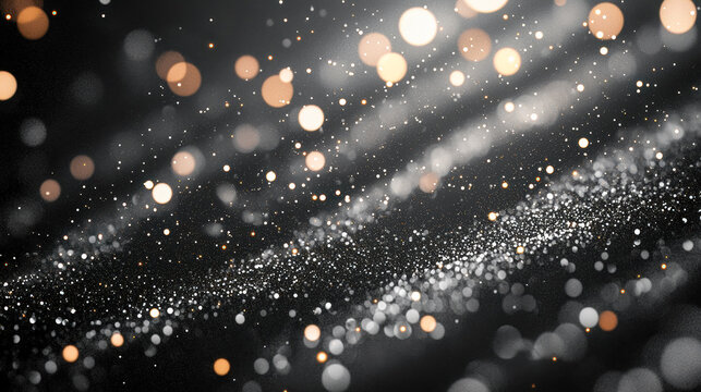 Sparkling bokeh lights and glittering particles against a dark background