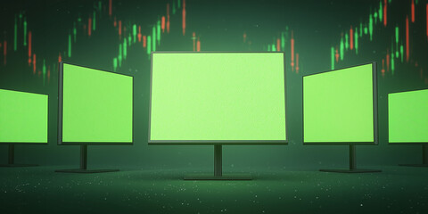 Multiple Green Screen Monitors with Stock Market Data Background – Finance and Trading Display Mockup