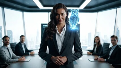 Businesswoman presenting a futuristic concept with an artificial intelligence owl hologram perched on her shoulder to a diverse team of colleagues in a modern office boardroom - Powered by Adobe