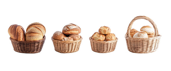 A variety of freshly baked bread loaves and rolls displayed in woven baskets. different textures and shapes. set against a clean white background. ideal for culinary or food-related content