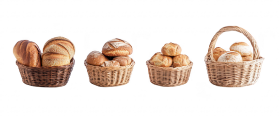 A variety of freshly baked bread loaves and rolls displayed in woven baskets. different textures and shapes. set against a clean white background. ideal for culinary or food-related content