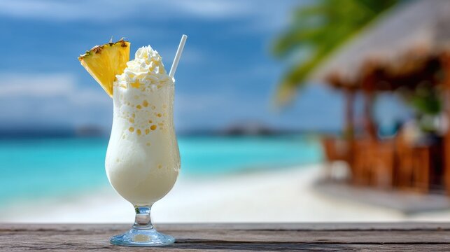 A creamy beverage topped with whipped cream and pineapple sits on a wooden table beside the ocean under a clear blue sky. The beach and palm trees create a relaxing atmosphere