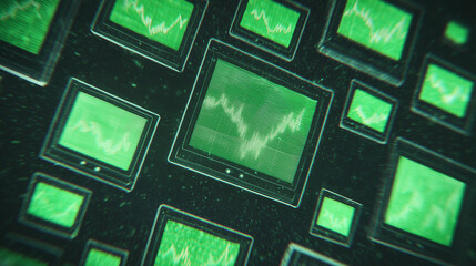 Multiple Digital Screens with Green Financial Data Signals – Stock Market Trading Concept
