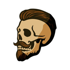A skull with a mustache and a beard is depicted. The skull has a mustache and a beard, giving it a unique and interesting appearance