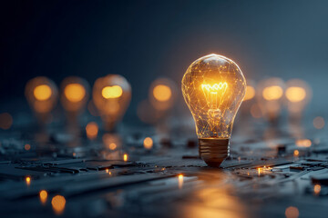 Glowing light bulb with digital network pattern symbolizing innovation and creative ideas illuminating electronic circuit board concept in dark setting