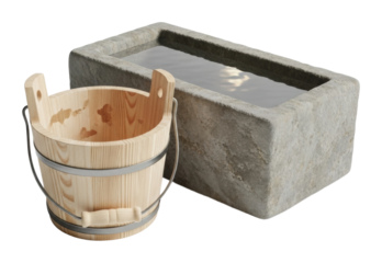 Water feature setup with wooden bucket garden isolated on transparent background