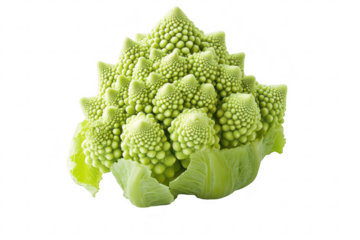 A vibrant. intricately patterned head of romanesco cauliflower sits against a clean white backdrop. its unique fractal shapes and textures. ideal for culinary or health-related imagery