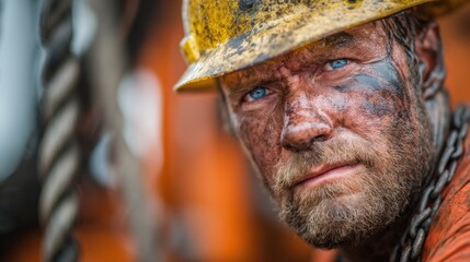 A determined worker focuses on his tasks at a construction site. His face is covered in dirt and sweat while wearing a yellow hard hat. The hard work reflects in his blue eyes, showcasing effort