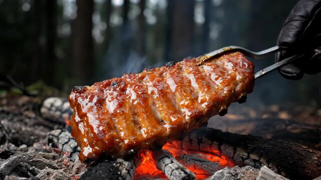 Hand in a black glove turning saucy pork ribs over glowing embers, smoke rising as flames caramelize the marinade for a rustic outdoor bbq, picnic or camping feast