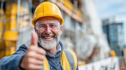 A happy construction worker wearing a hard hat and safety glasses smiles and shows a thumbs up at a busy construction site on a clear day