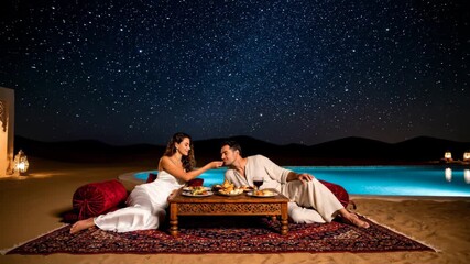 Couple enjoying a romantic evening dinner by an infinity pool in a luxurious desert resort, embracing romance and stargazing under the clear night sky