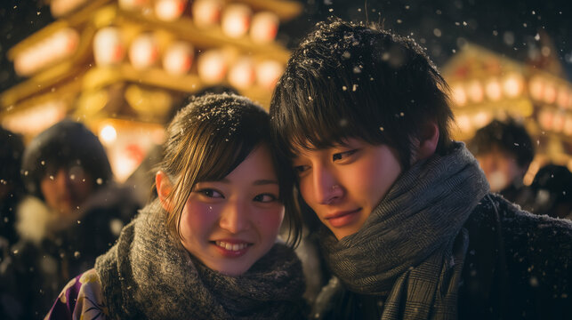 A tender moment shared amidst the enchanting glow of the Chichibu Night Festival in Japan, as a couple finds warmth in each other's embrace amidst the festive atmosphere