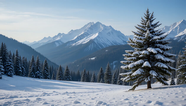 Snowy Mountain Landscape with Pine Trees and Clear Blue Sky