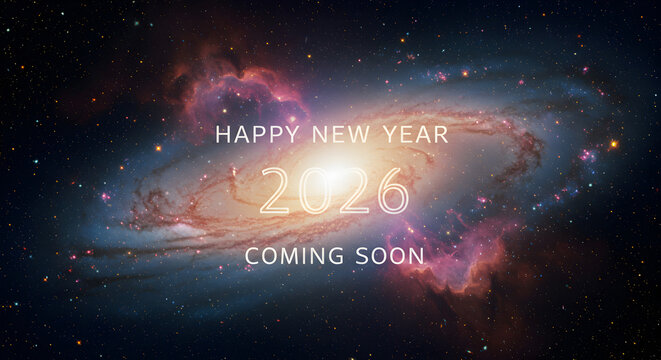 Happy new year two thousand twenty six coming soon over a beautiful galaxy background with stars