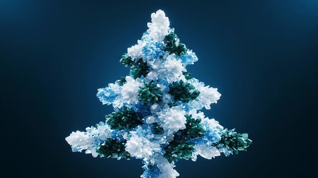 crystal tree with blue and white facets floating in dark blue space
