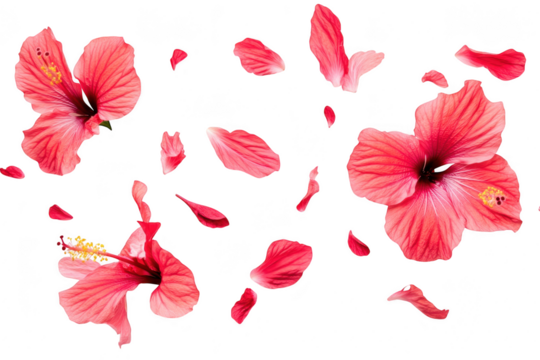A arrangement of pink hibiscus flowers and scattered petals on a clean white background. their intricate details. ideal for nature-themed designs or floral arrangements
